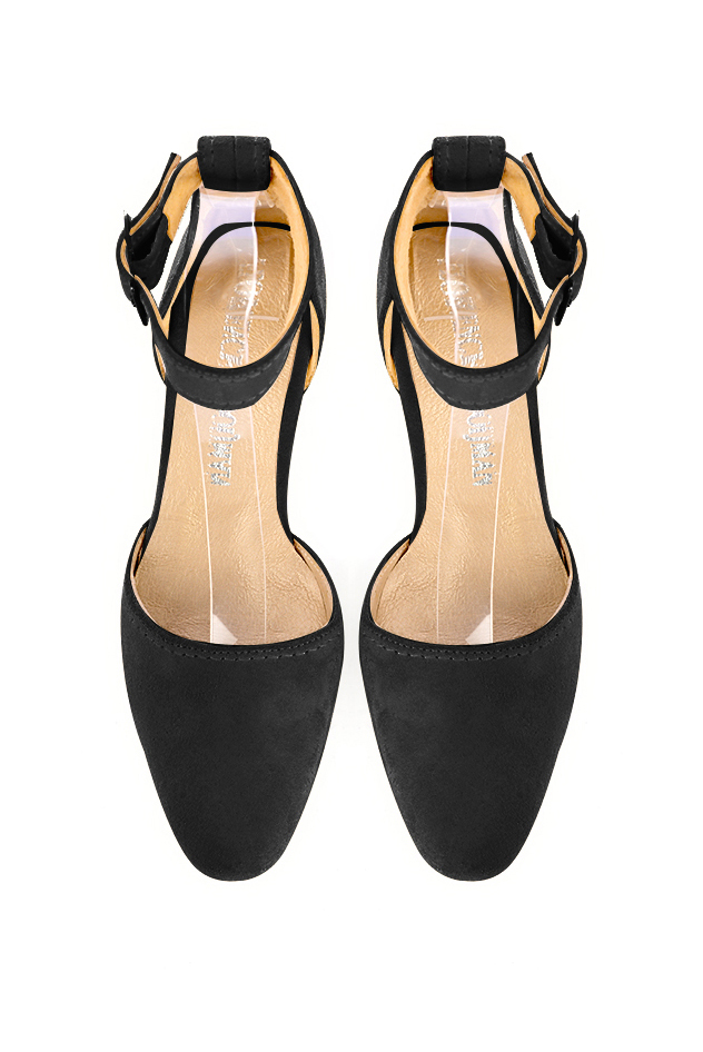 Dress heels closed-back ankle strap in matt black leather with low flare heels and round toe - Top view